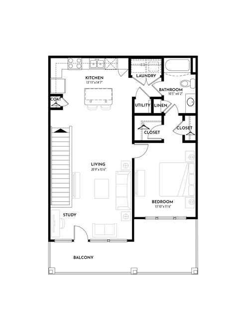 1BR 1BA (857 SF) Floor Plan at The Villas at Germantown, Memphis, TN